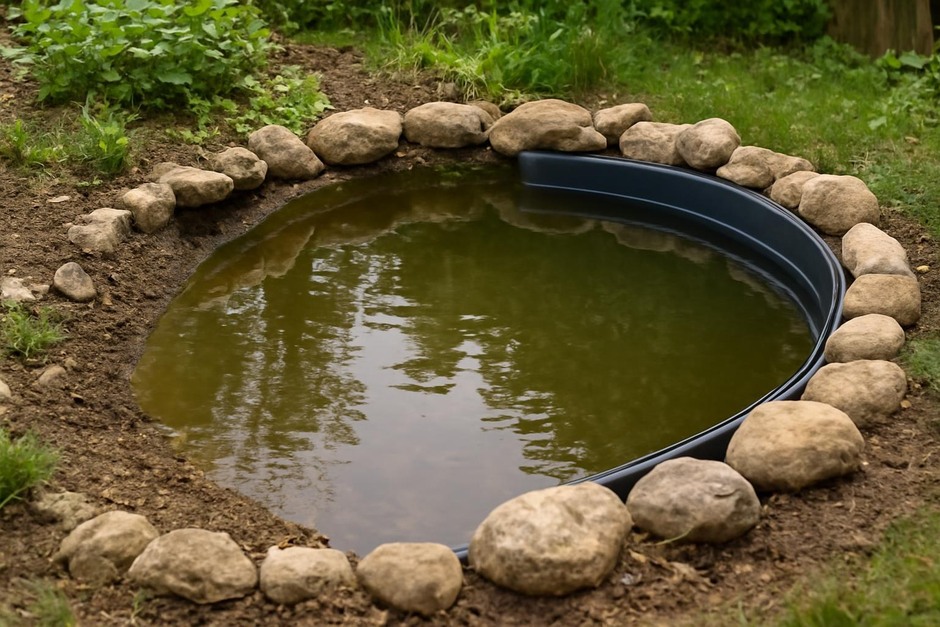 A small backyard pond edged with stones, one half showing a natural bank, the other a smooth liner edge