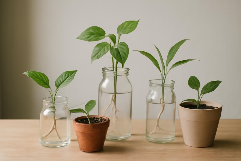 A collection of glass jars and small pots with young plant cuttings at different rooting stages