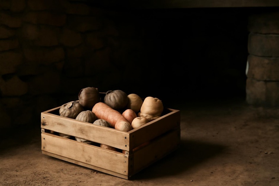 A wooden crate of root vegetables in a cool, dimly lit cellar