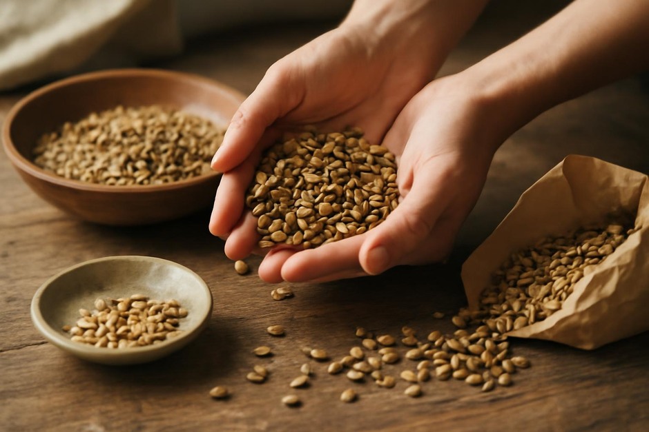 Hands holding dried seeds over a wooden table