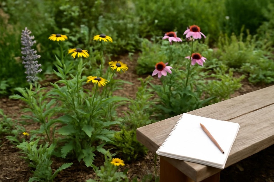 A small garden patch with flowering native plants and a notebook on a bench for recording observations
