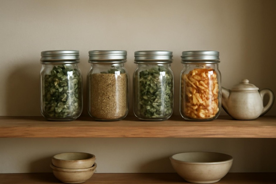Mason jars of dried herbs and citrus peels on a wooden kitchen shelf with a small teapot