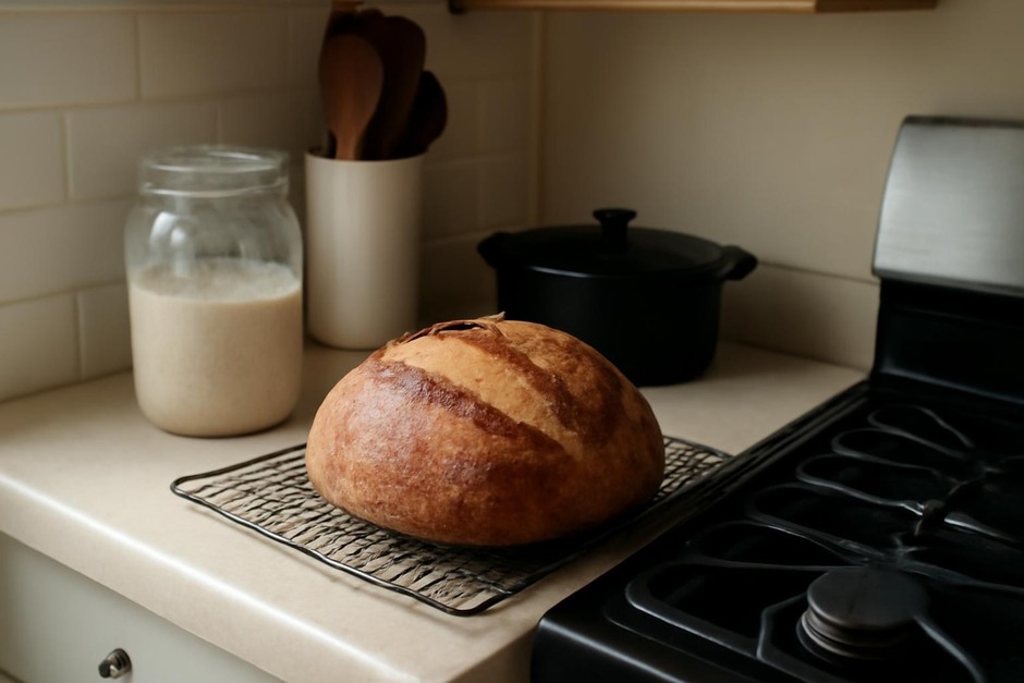 A loaf of sourdough cooling on a small kitchen counter