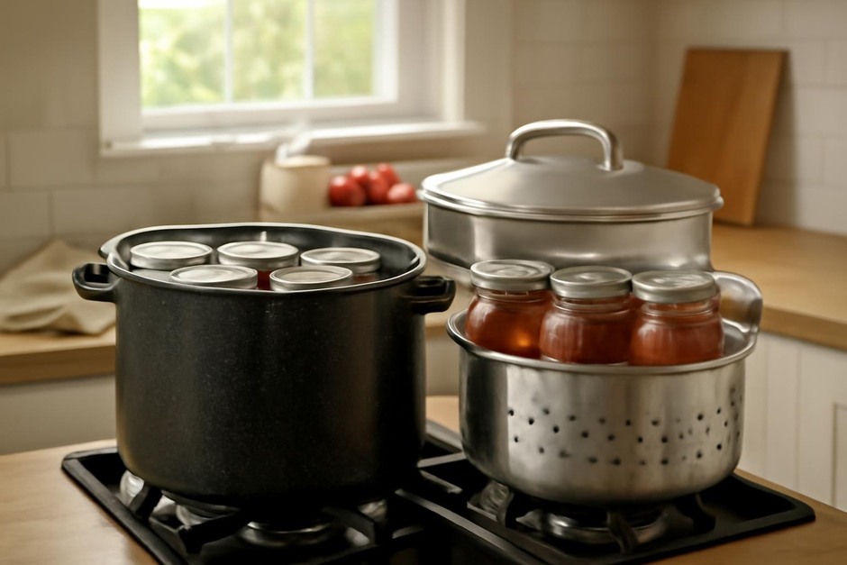 Two canning pots with jars being processed
