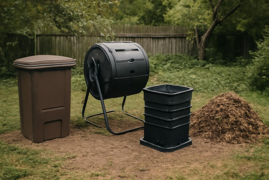 Different compost setups: bin, tumbler, worm tray and outdoor pile