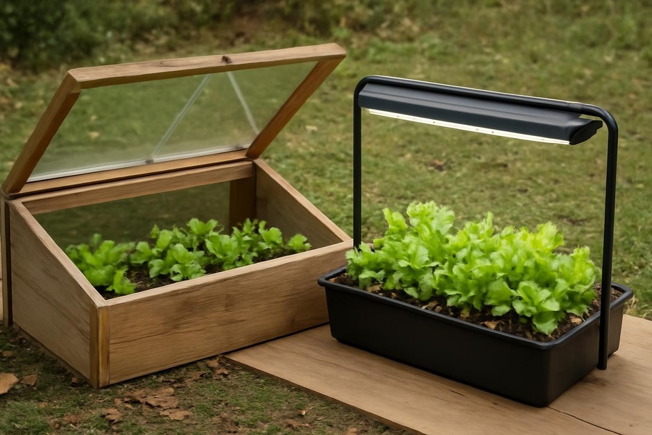 Cold frame beside trays of salad greens under LED lights